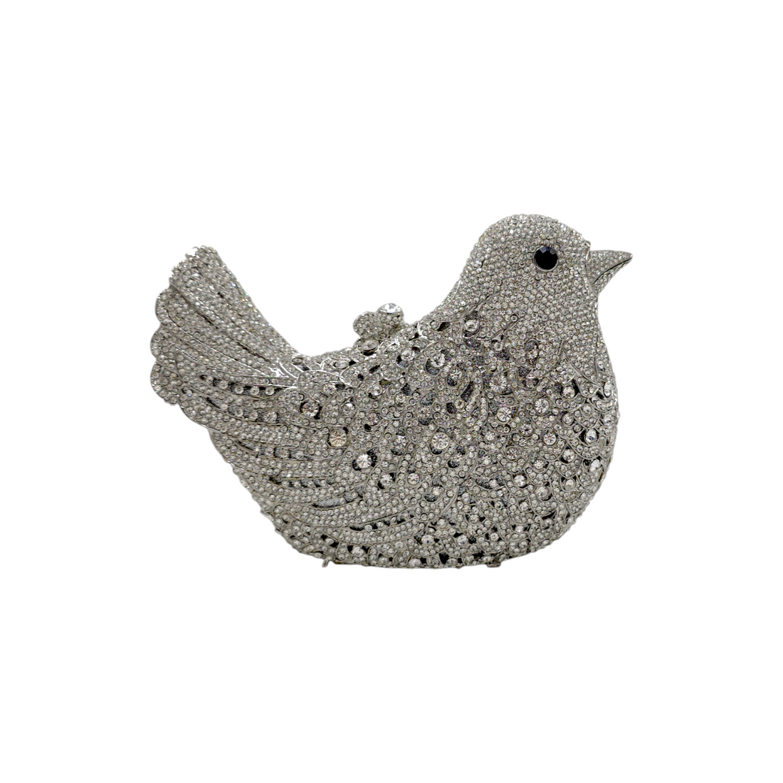Elegant bird clutch featuring intricate bird-shaped embellishments, shimmering crystals, and a sleek metallic finish—perfect for brides, evening events, and special occasions.