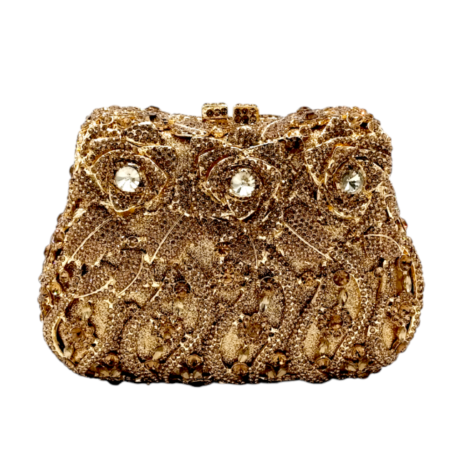 Bridal flower clutch featuring beautiful floral embellishments, designed to complement the bride's wedding dress while holding small essentials with grace and style.
