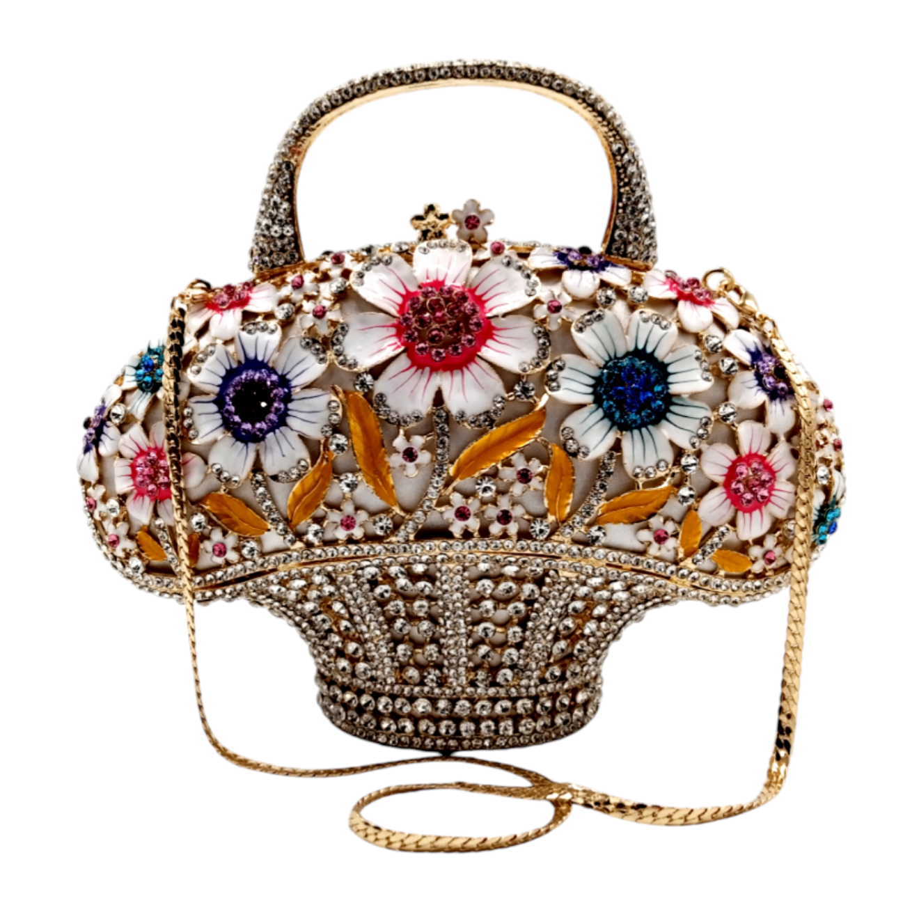A fashionable and eye-catching  Flower Basket clutch,adorned with vibrant blossoms for a fresh, stylish look. Ideal for adding a pop of color and elegance to your evening or formal attire.