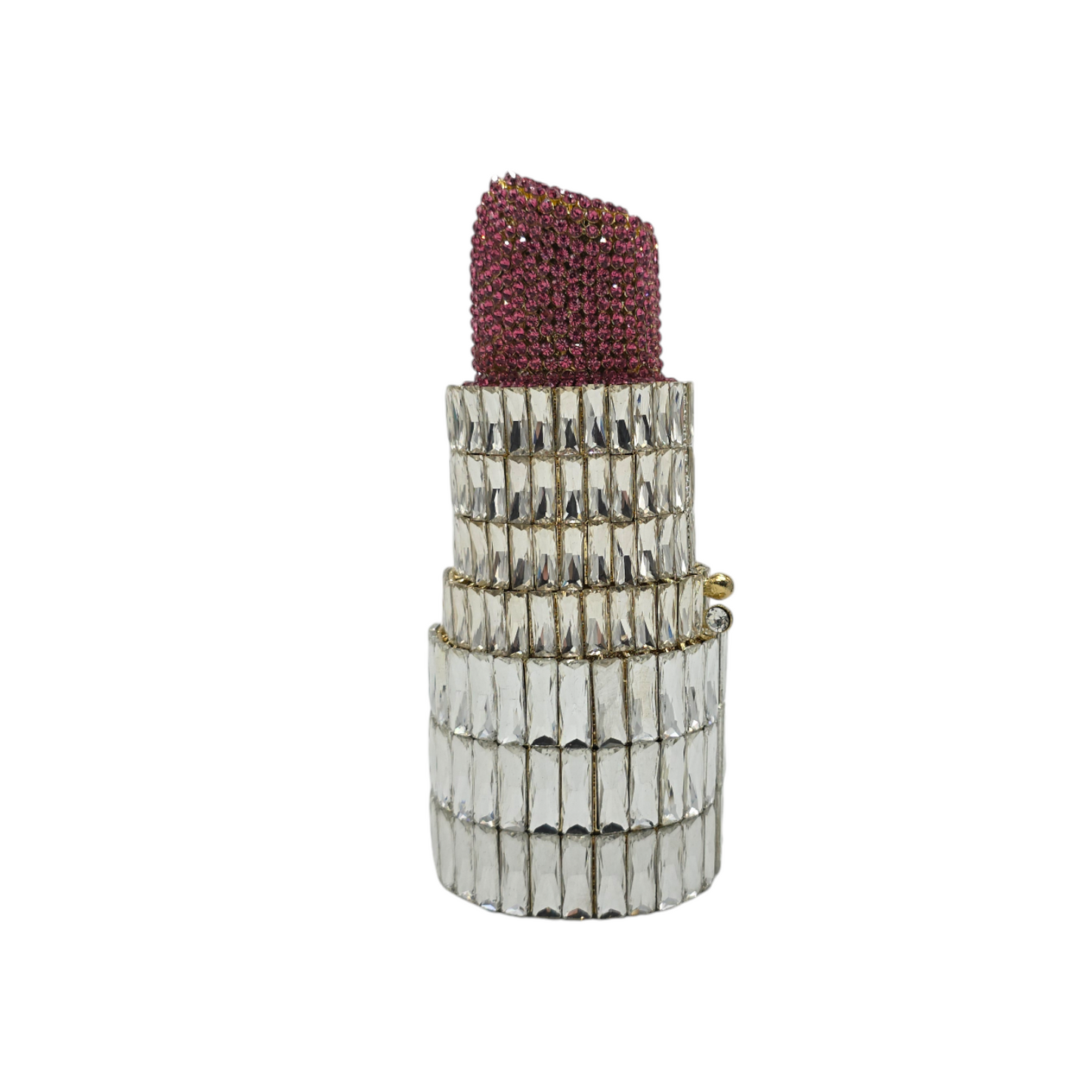 Glamorous and trendy lipstick-themed clutch, encrusted with glittering gemstones and designed to add a playful yet elegant touch to a bridal ensemble.