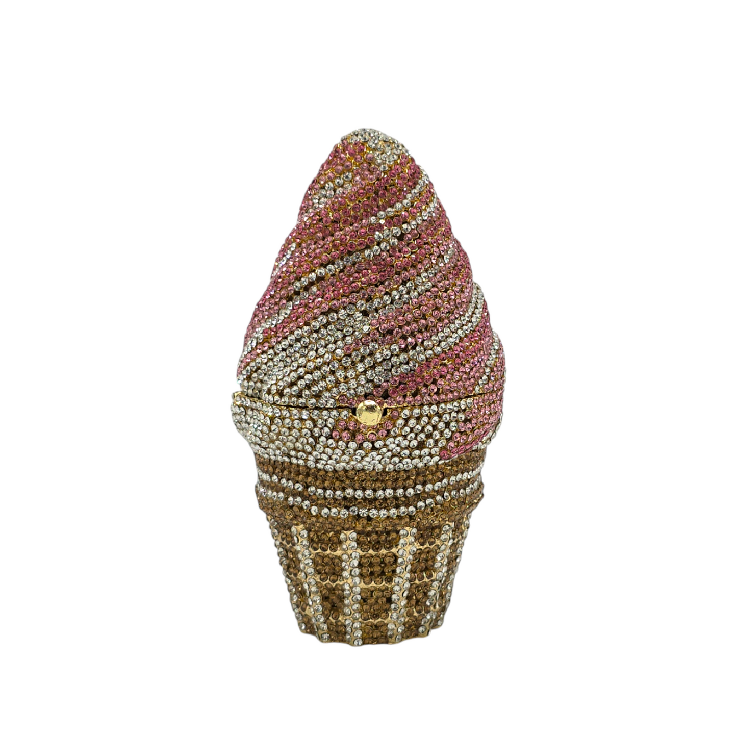 Chic and stylish cone clutch adorned with shimmering crystals and a high-shine finish, blending modern elegance with timeless glamour.