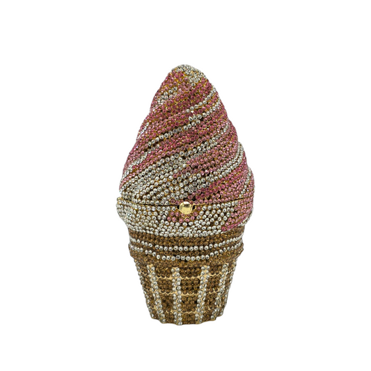 Chic and stylish cone clutch adorned with shimmering crystals and a high-shine finish, blending modern elegance with timeless glamour.
