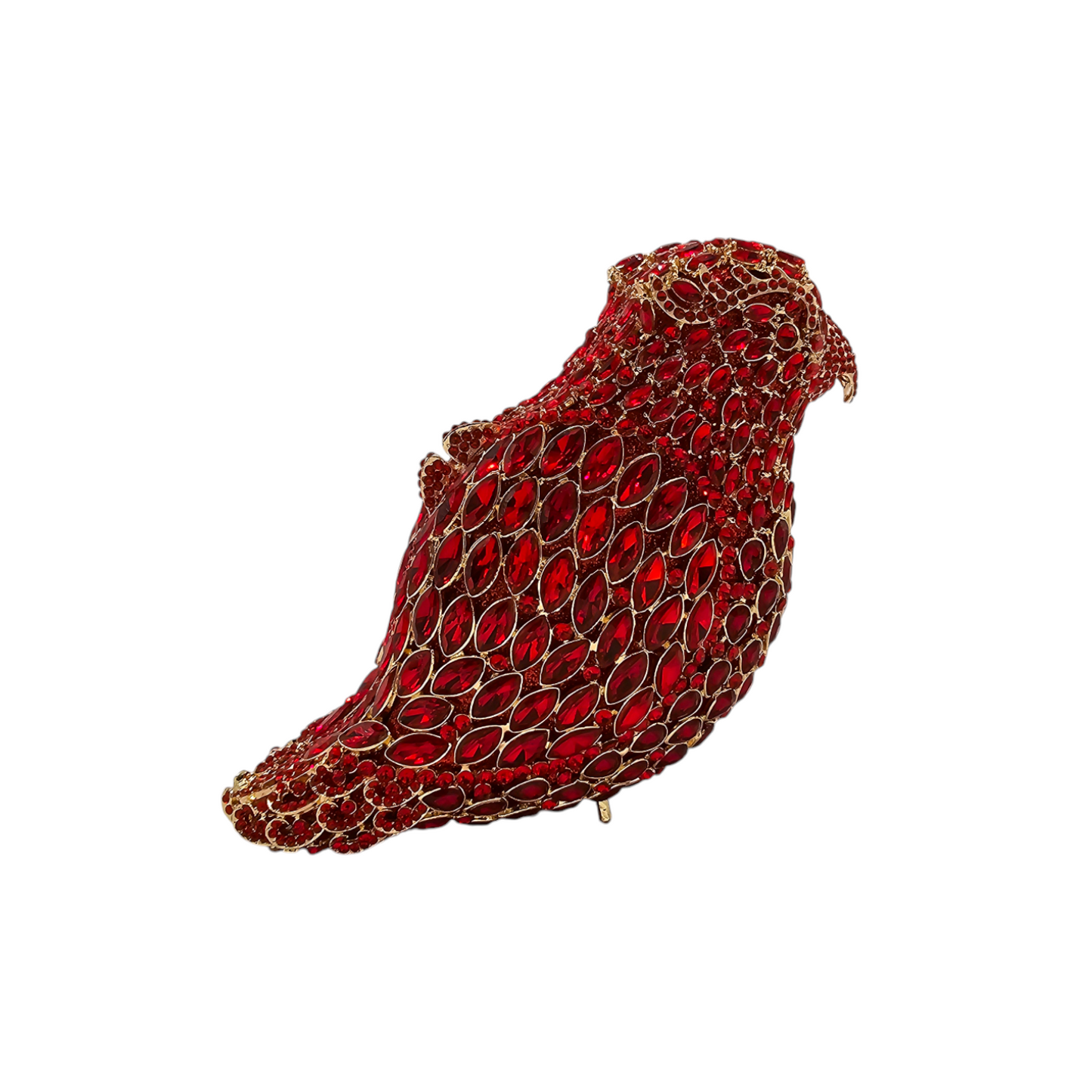 Unique and whimsical classic bridal parrot clutch, crafted with eye-catching details and a secure clasp, designed to add a fun and luxurious touch to the bride’s special day.