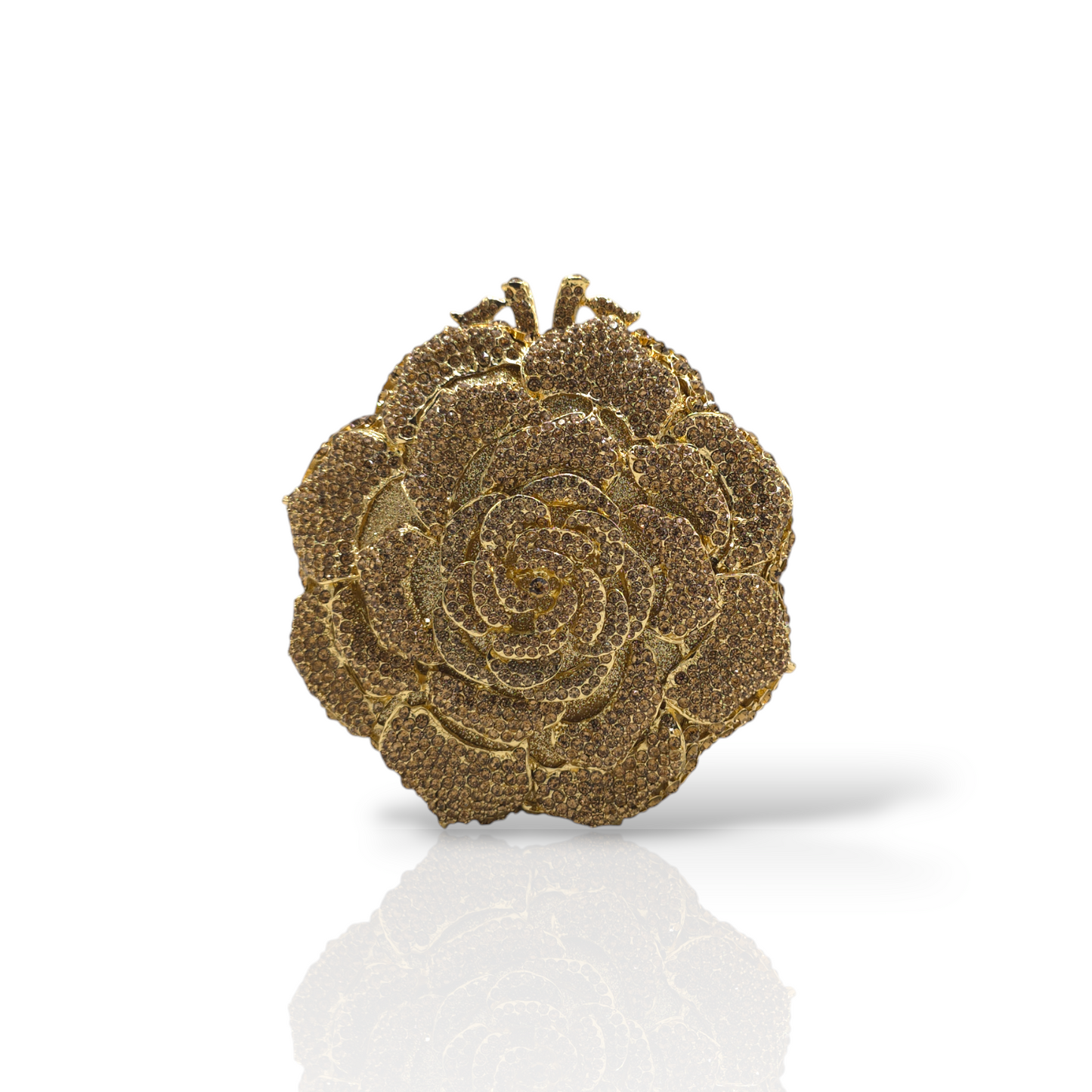 Luxurious gold clutch in the shape of a blooming rose, encrusted with sparkling rhinestones for a glamorous finish.