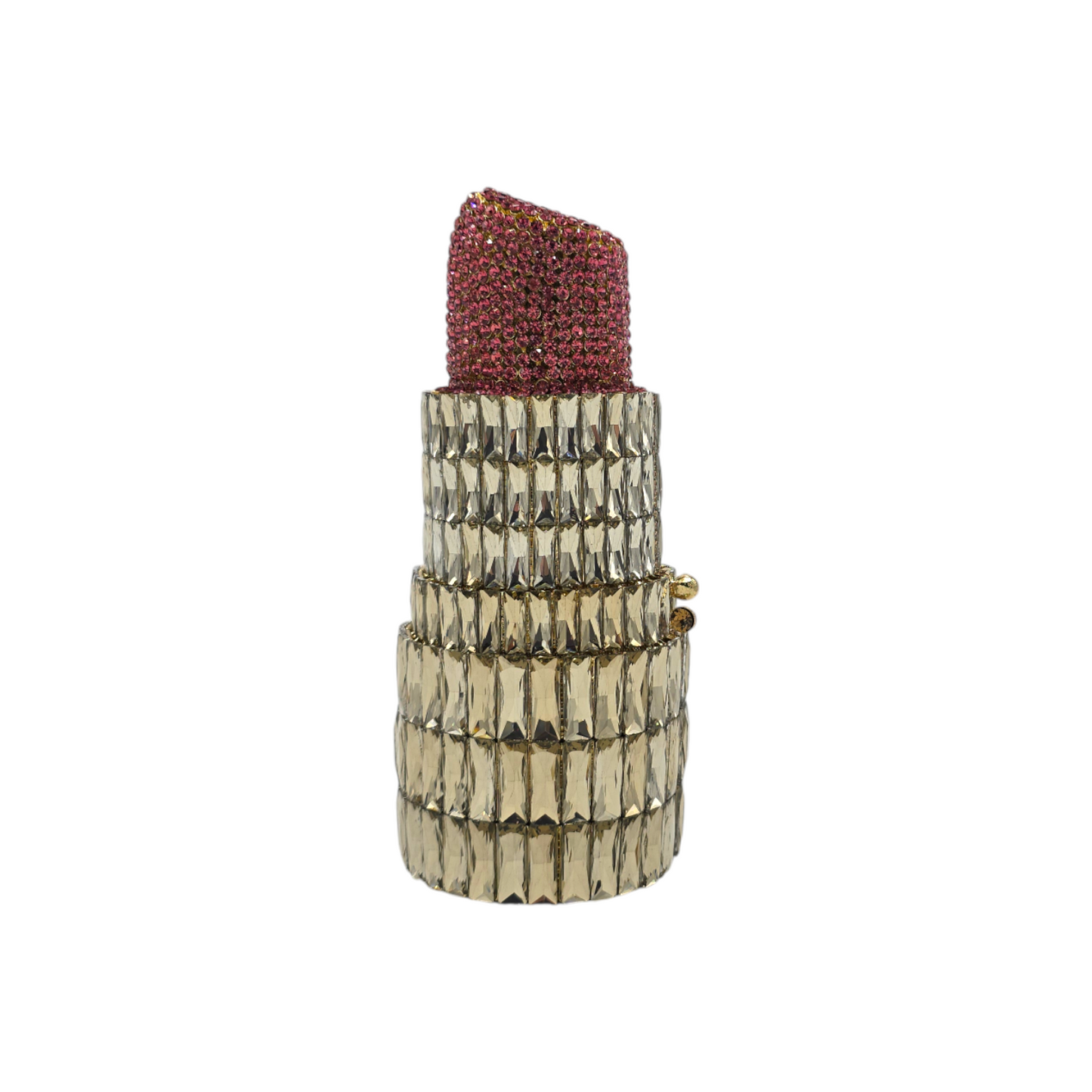Glamorous and trendy lipstick-themed clutch, encrusted with glittering gemstones and designed to add a playful yet elegant touch to a bridal ensemble.