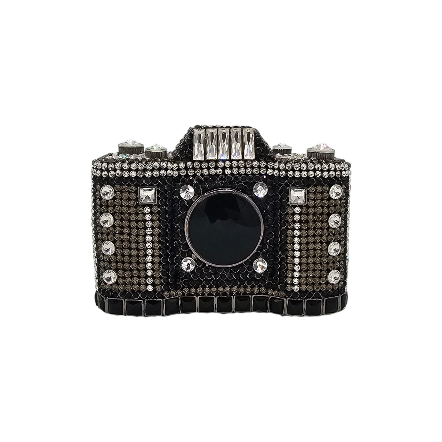 Elegant bridal camera clutch with shimmering diamantes, a clasp lock for secure closure, and a stylish chain strap, perfect for holding your camera and extra accessories while adding a touch of sparkle to your wedding attire.