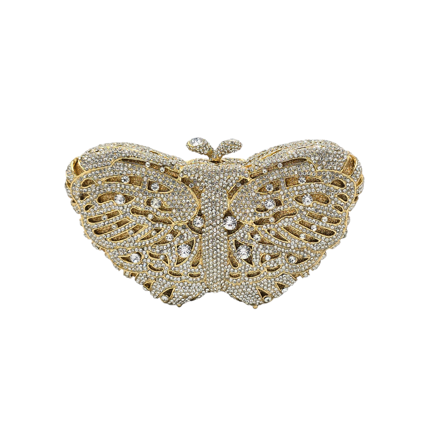 A luxurious butterfly clutch, crafted with intricate wing patterns and a shimmering finish. This stylish accessory effortlessly combines whimsy and sophistication, making it the perfect addition to any fashion-forward look.