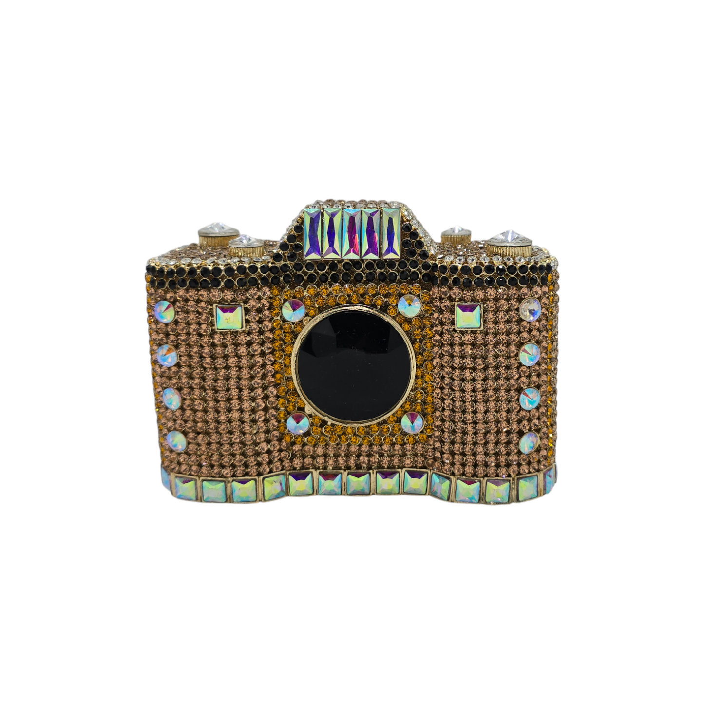 Elegant bridal camera clutch with shimmering diamantes, a clasp lock for secure closure, and a stylish chain strap, perfect for holding your camera and extra accessories while adding a touch of sparkle to your wedding attire.