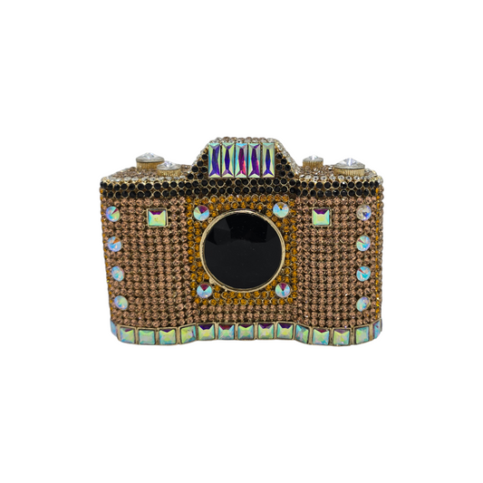 Elegant bridal camera clutch with shimmering diamantes, a clasp lock for secure closure, and a stylish chain strap, perfect for holding your camera and extra accessories while adding a touch of sparkle to your wedding attire.