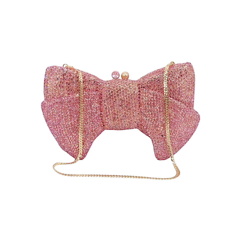 Bow Bridal Clutch with a luxurious satin finish, sparkling embellishments, and a delicate chain for versatile styling. A perfect wedding day accessory for a touch of romance and charm.